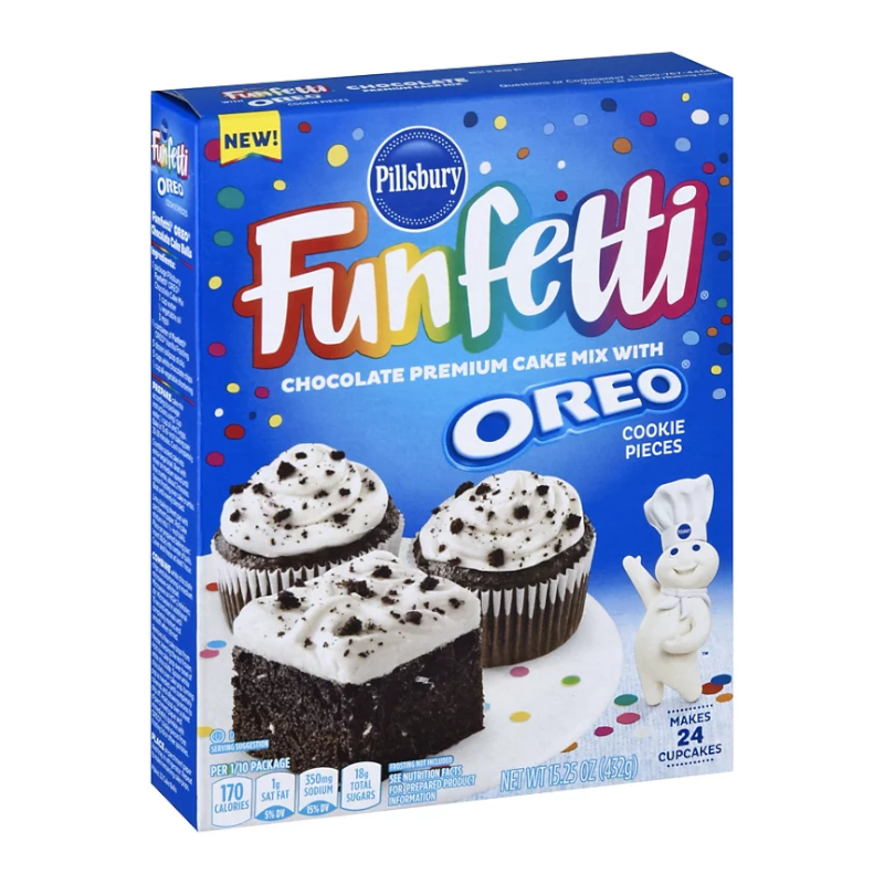 Front of Pillsbury Funfetti Oreo Chocolate Cake Mix box featuring colourful design, Oreo cookie pieces, and cupcake imagery (432g pack)
