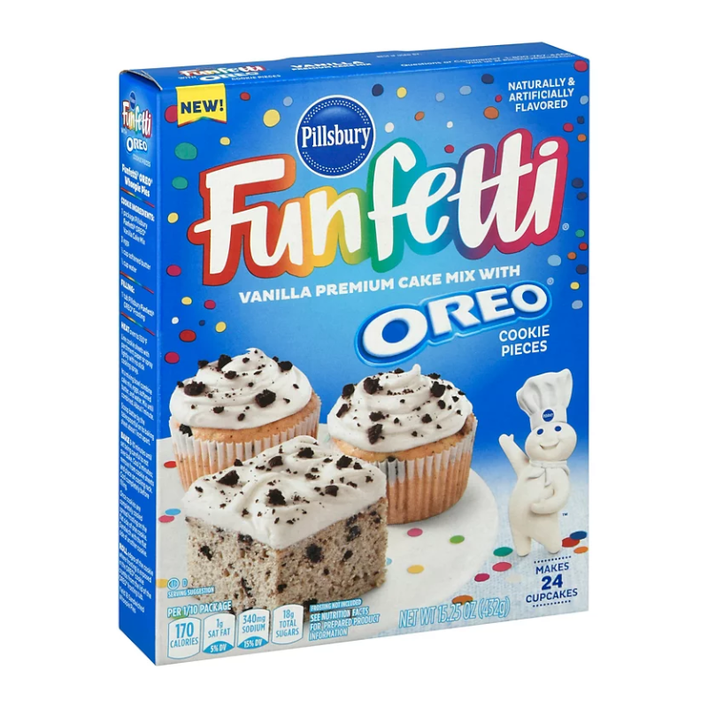 Front of Pillsbury Funfetti Oreo Vanilla Cake Mix box showing vibrant blue packaging, Oreo cookies, and images of cake and cupcakes (432g pack)