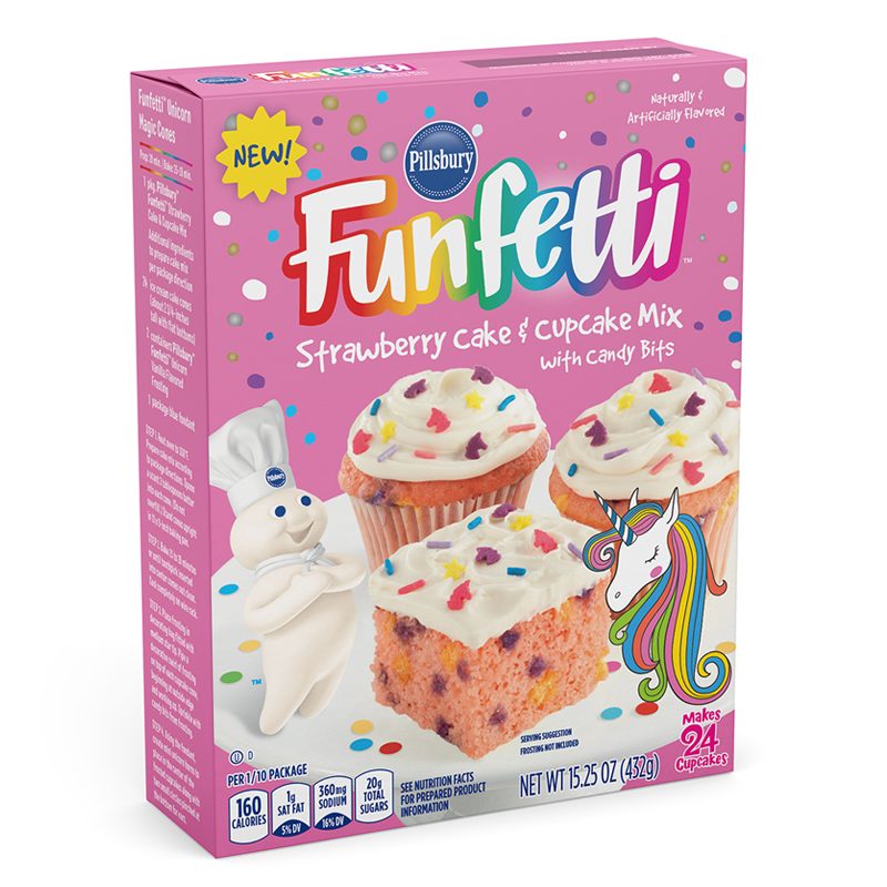 Front of Pillsbury Funfetti Unicorn Strawberry Cake & Cupcake Mix box featuring colourful design, candy bits, and pack size of 432g.