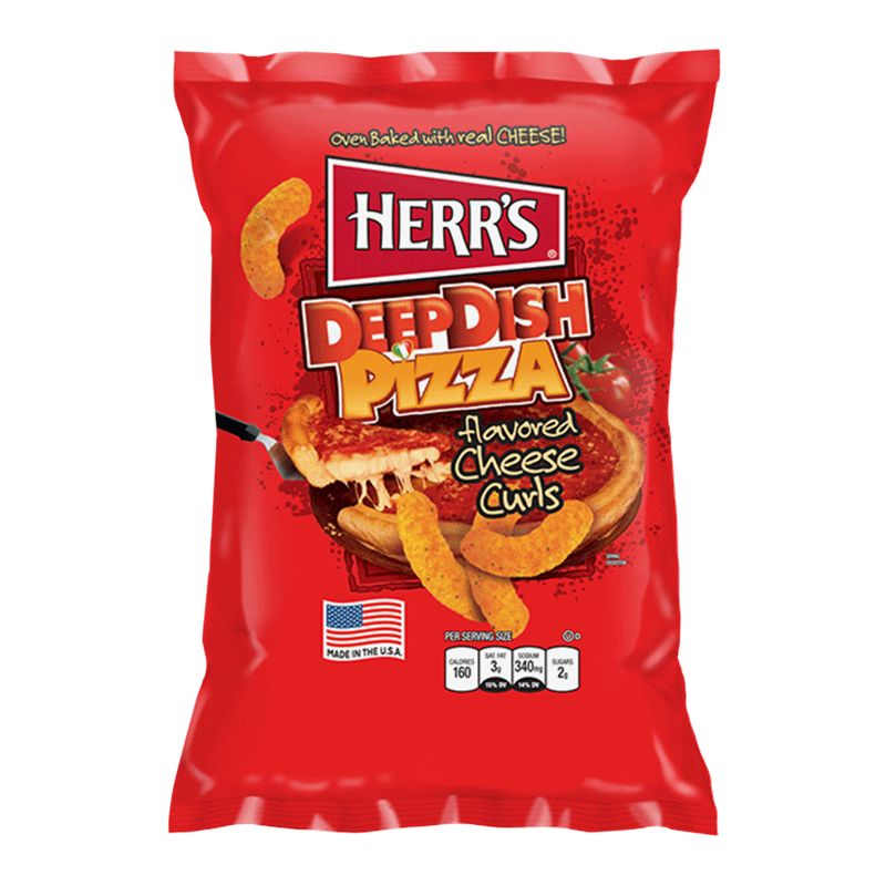 Front of Herr's Deep Dish Pizza Flavoured Cheese Curls bag showing bold logo, pizza flavour illustration, and pack size of 170g.