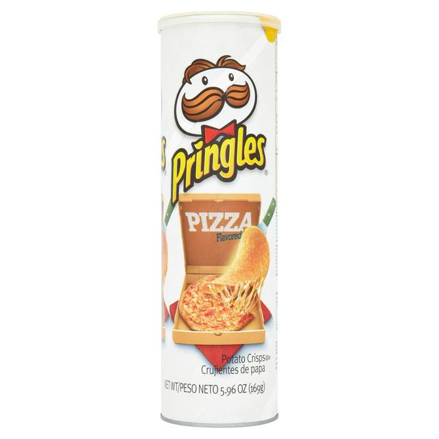 Front of Pringles Pizza can showing logo, pizza flavour label, and image of cheesy pizza slice (156g pack)