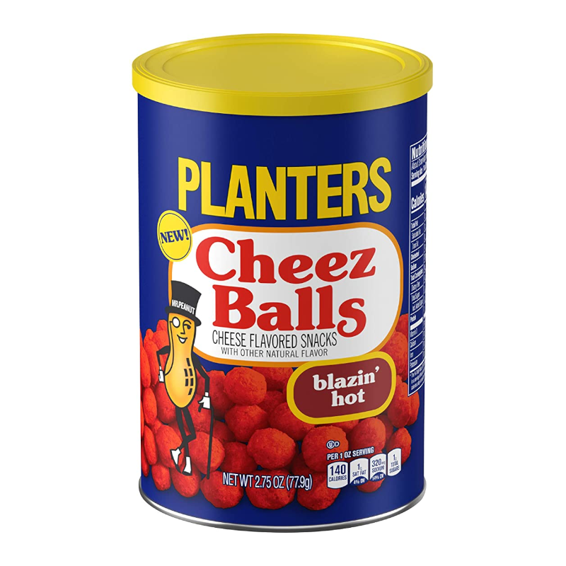 Front of Planters Cheez Balls Blazin' Hot tub showing the logo, cheese-flavoured snack description, and bright red Cheez Balls (77.9g pack)