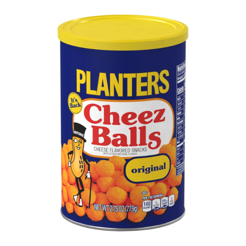Front of Planters Cheez Balls Original Flavour container showing logo, cheese-flavoured snacks, and 77.9g pack size