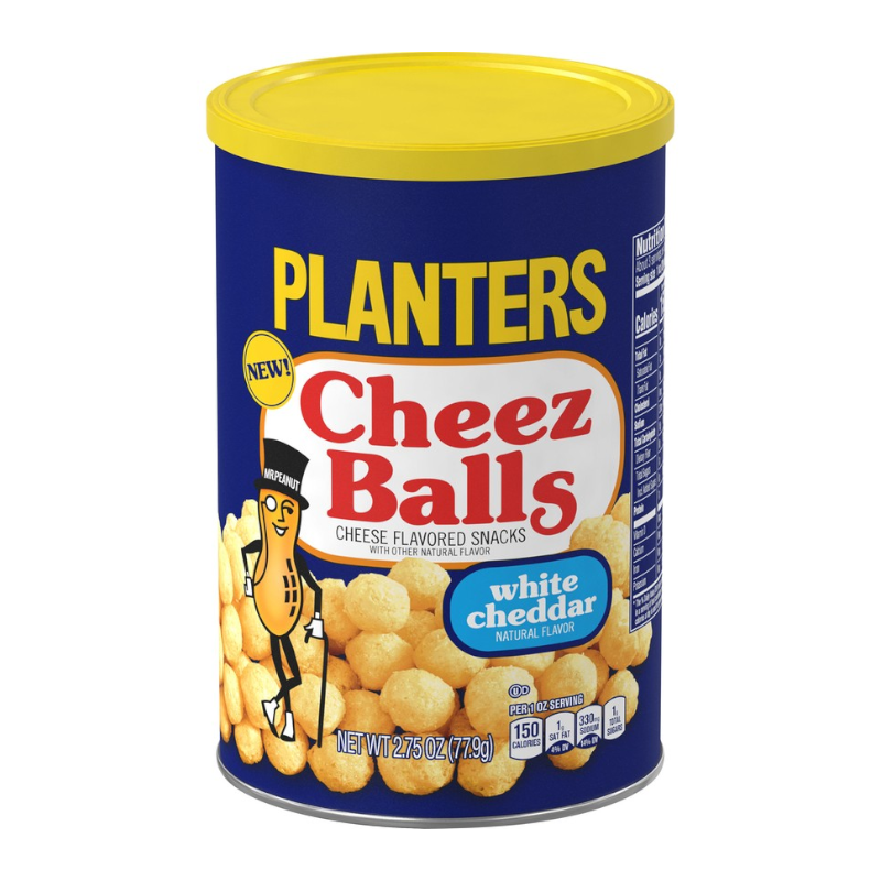 Front of Planters Cheez Balls White Cheddar can showing blue label, cheese-flavoured snack logo, and white cheddar details (77.9g pack)