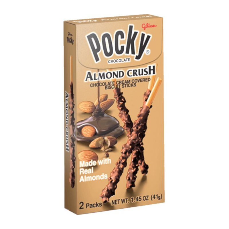 Front of Pocky Chocolate Almond Crush packaging showing the chocolate-covered biscuit sticks, almonds, and 41g quantity label.
