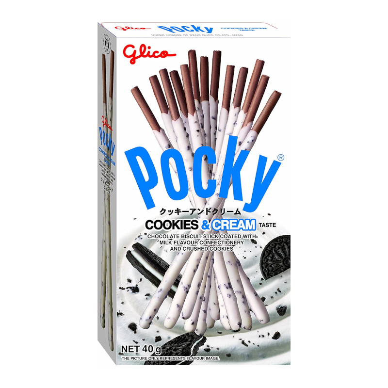 Front of Pocky Cookies & Cream box showing the logo, cookies and cream flavour, and biscuit sticks packed in a 70g box