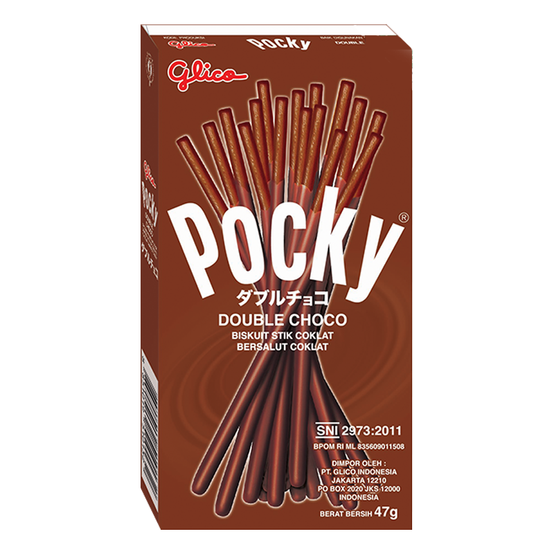 Front of Pocky Double Choco box showing the brand logo, chocolate biscuit sticks, and label details (47g)
