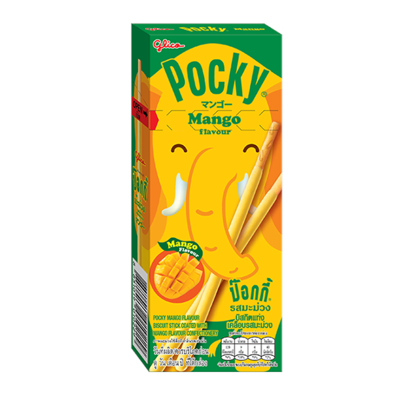 Front of Pocky Mango pack showing bright yellow design with an elephant, mango flavour label, and crispy biscuit sticks (25g)