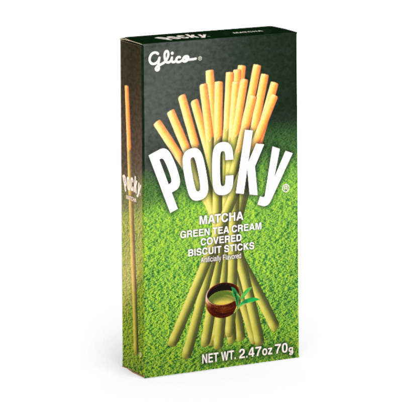 Front of Pocky Matcha Green Tea Flavour box showing the logo, green tea cream-covered biscuit sticks, and a matcha tea bowl (70g pack)