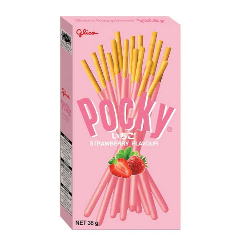 Front of Pocky Strawberry box showing pink packaging with logo, strawberry flavour coating, and biscuit sticks (45g pack)