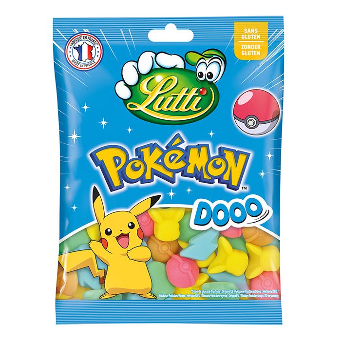 Front of Lutti Pokemon Dooo bag featuring Pikachu, colourful chewy shapes, and logo (100g pack)