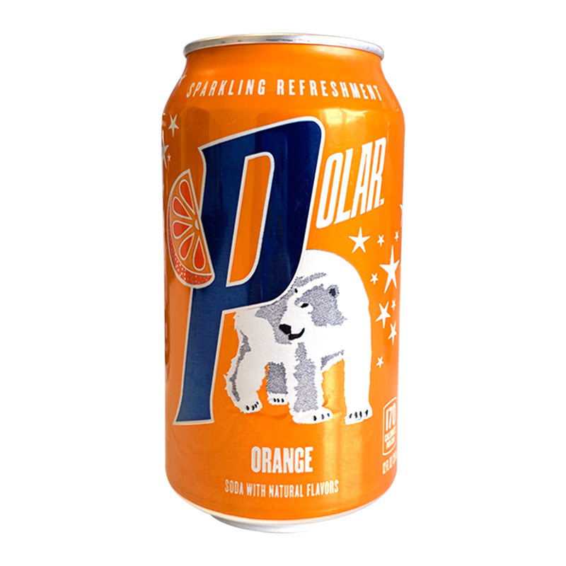 Front of Polar Orange Soda can featuring bold orange colour, a polar bear illustration, and the product title in a striking design (355ml)
