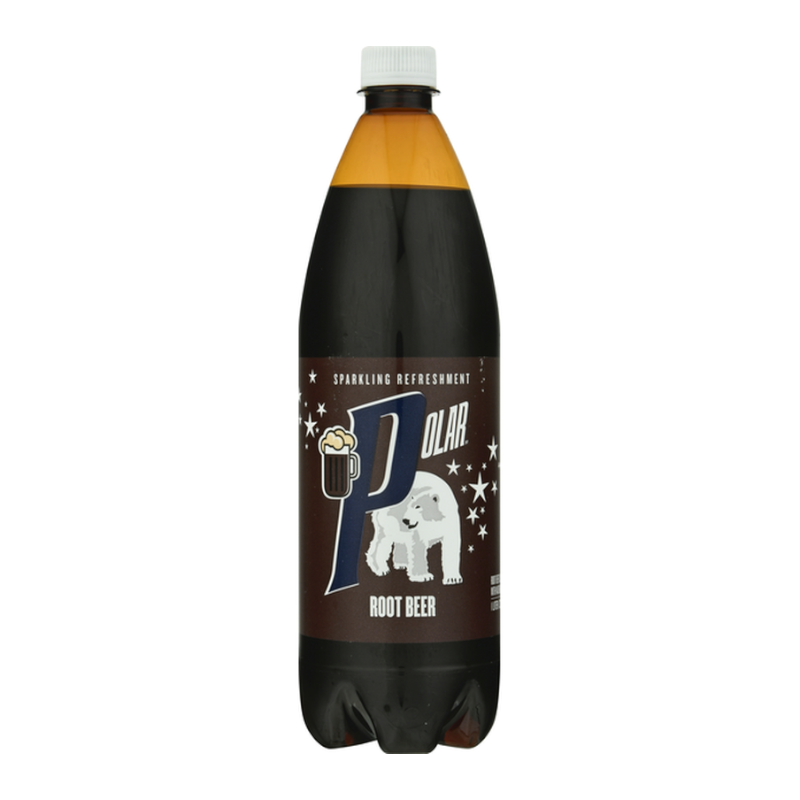 Front of Polar Root Beer 1 Litre bottle displaying bold logo, sparkling refreshment text, and an image of a polar bear