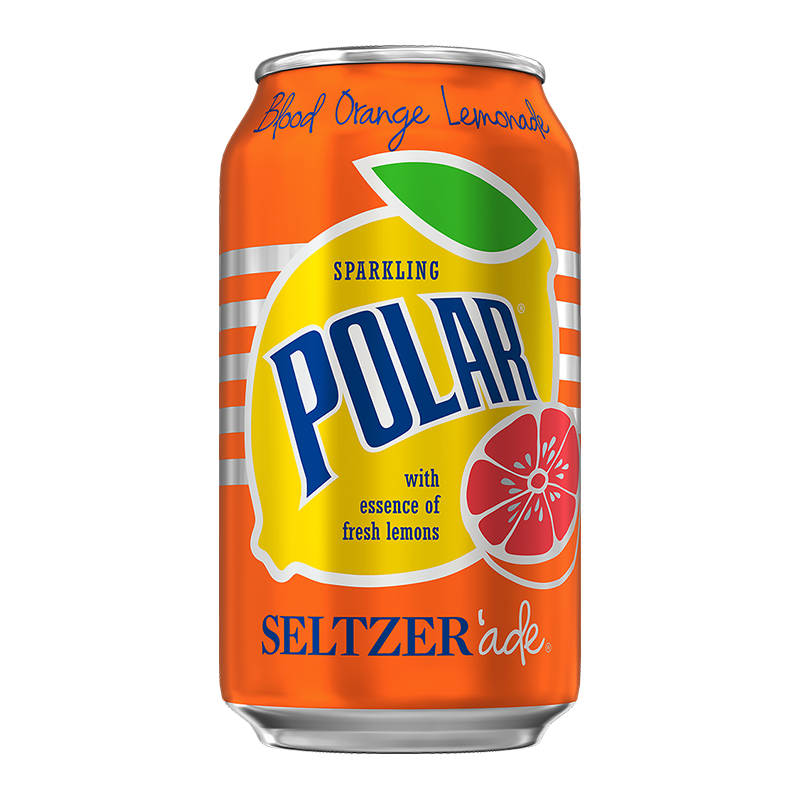 Front of Polar Seltzer'Ade Blood Orange Lemonade can showing bright orange and yellow design with lemon and blood orange graphics (355ml).