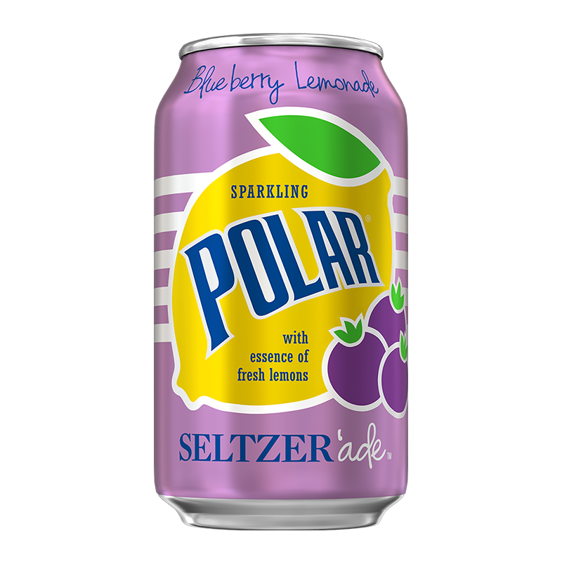 Front of Polar Seltzer'Ade Blueberry Lemonade can showing bright design with Polar logo, blueberries and lemons, 355ml pack size.