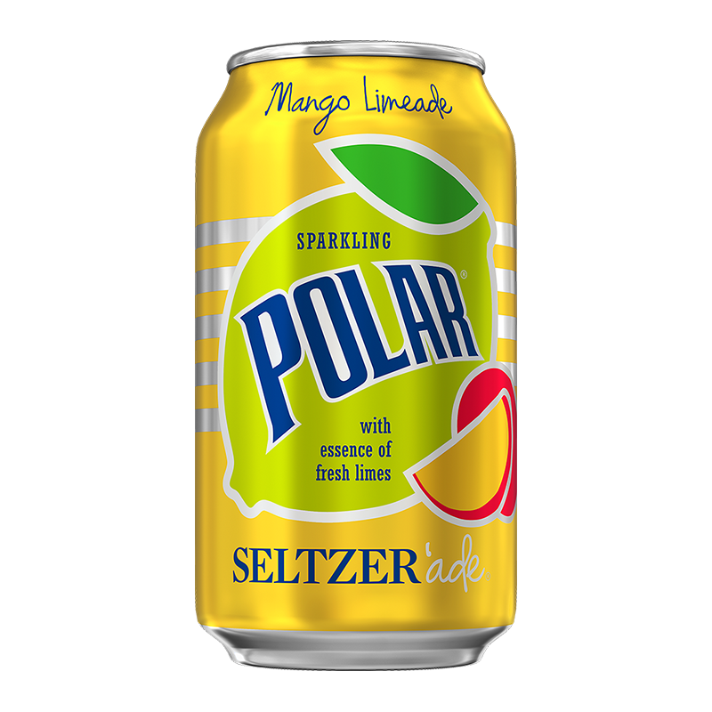 Front of Polar Seltzer'Ade Mango Limeade can featuring bright yellow design, mango and lime elements, and 355ml size label