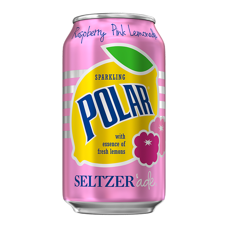 Front of a Polar Seltzer'Ade Raspberry Pink Lemonade can featuring bright pink design, bold logo, and floral elements (355ml)