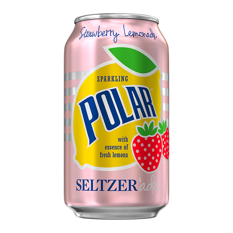 Front of Polar Seltzer'Ade Strawberry Lemonade can showing sparkling logo, strawberry and lemon graphics, and 355ml size label