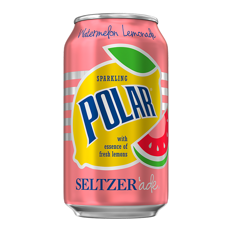 Front of a Polar Seltzer'Ade Watermelon Lemonade can displaying bright pink design, bold brand logo, watermelon and lemon imagery, and 355ml label.