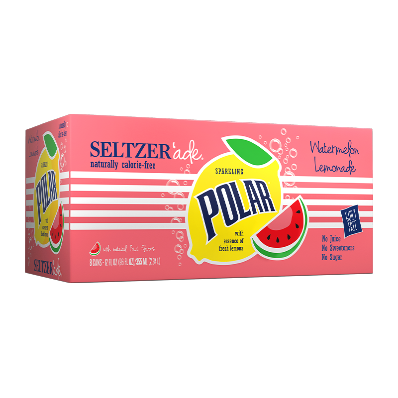 Front of Polar Seltzer'Ade Watermelon Lemonade case showing brand logo, watermelon flavour, and 8 x 355ml pack size.
