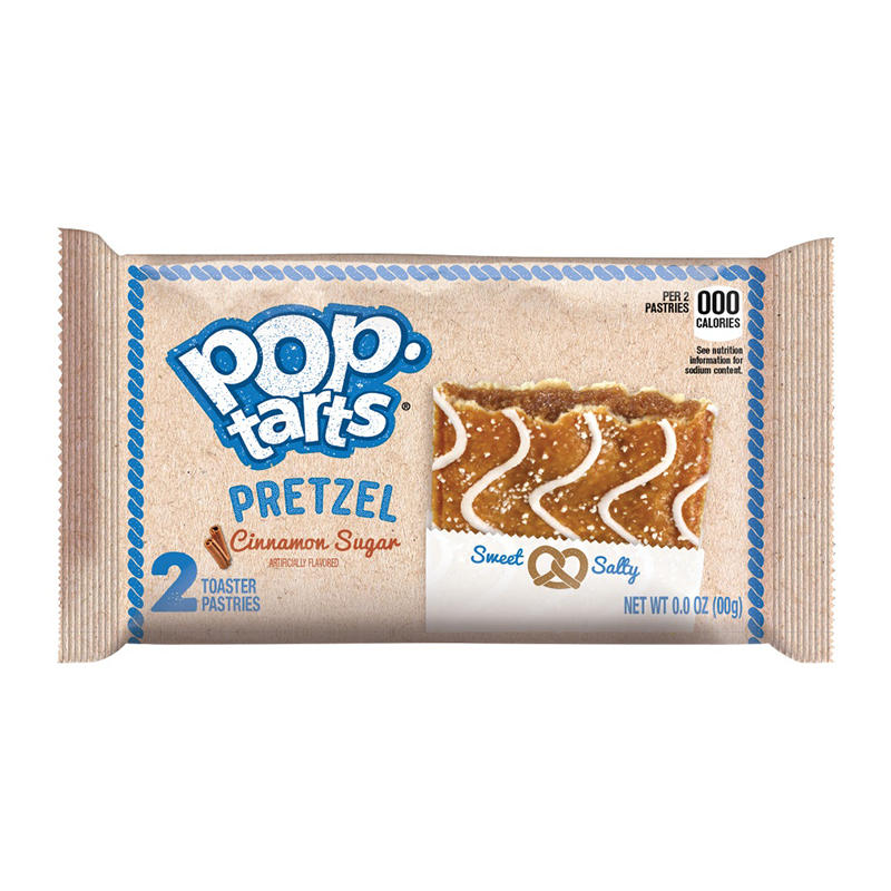 Front of Pop Tarts Pretzel Cinnamon Sugar Twin Pack showing the logo, flavour details, and images of the pastries (96g pack)