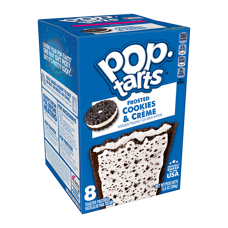 Front of Pop Tarts Frosted Cookies & Creme 8-Pack showing vibrant blue packaging with pastry image and cookies & crème label (384g pack)