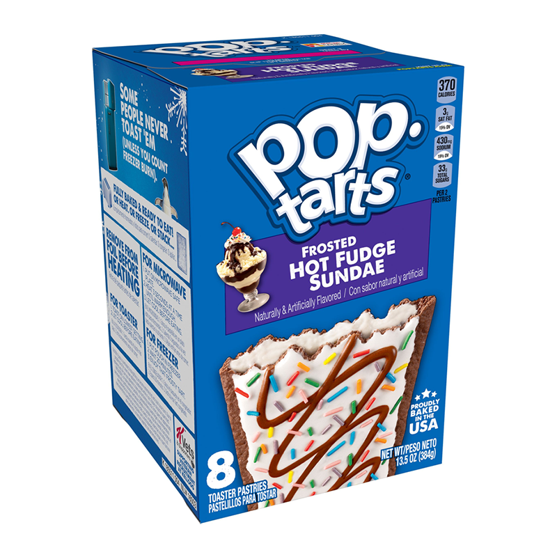 Front of Pop Tarts Frosted Hot Fudge Sundae box showing blue logo, image of pastry with fudge frosting and sprinkles, and 8-pack size (384g).