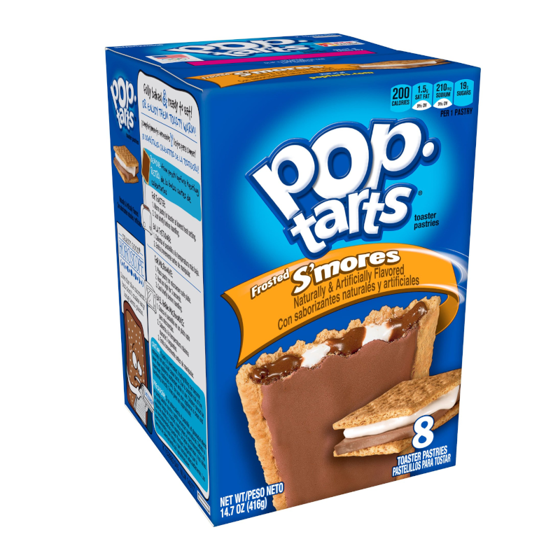 Front of Pop Tarts Frosted S'mores box showing logo, flavours including chocolate and marshmallow, and 8-pack quantity (384g)