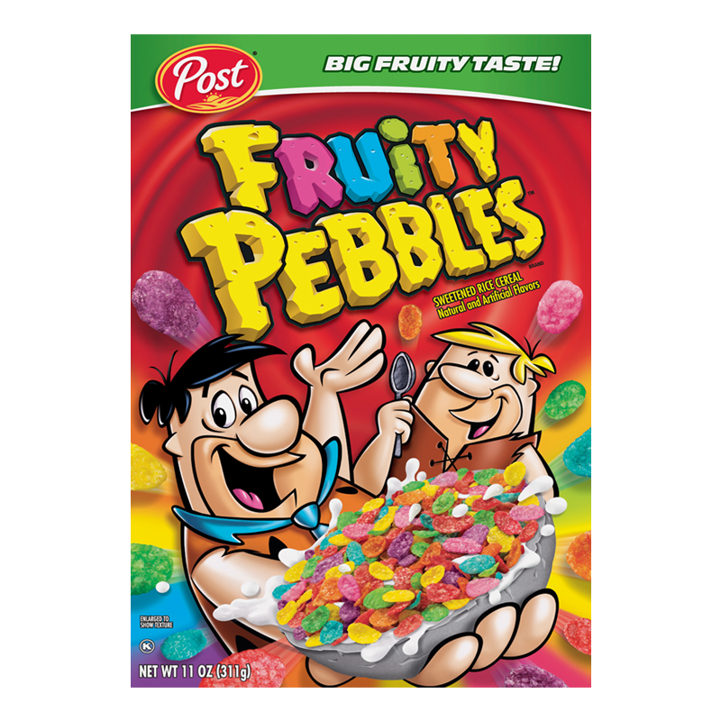 Front of Post Fruity Pebbles Cereal box showing vibrant logo, fruity cereal bowl, and cartoon characters, 311g pack