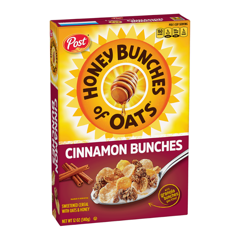 Front of Post Honey Bunches Of Oats Cinnamon Bunches box showing brand logo, cinnamon flavour label, and image of cereal with oat clusters (340g pack)