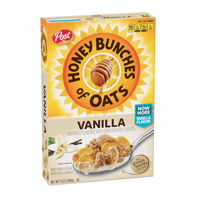 Front of Post Honey Bunches Of Oats Vanilla box displaying logo, vanilla flavour, and image of cereal with oats and honey (340g pack)