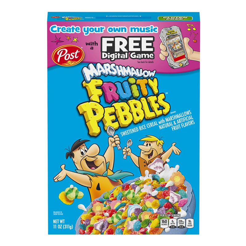 Front of Post Marshmallow Fruity Pebbles Cereal box showing colourful logo, marshmallow cereal details, and cartoon characters (311g pack)