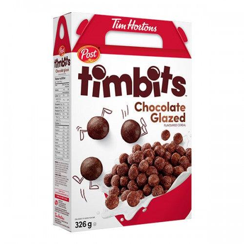 Front of Tim Hortons Timbits Chocolate snack box displaying the brand logo, chocolate-flavoured Timbits with 311g pack size.