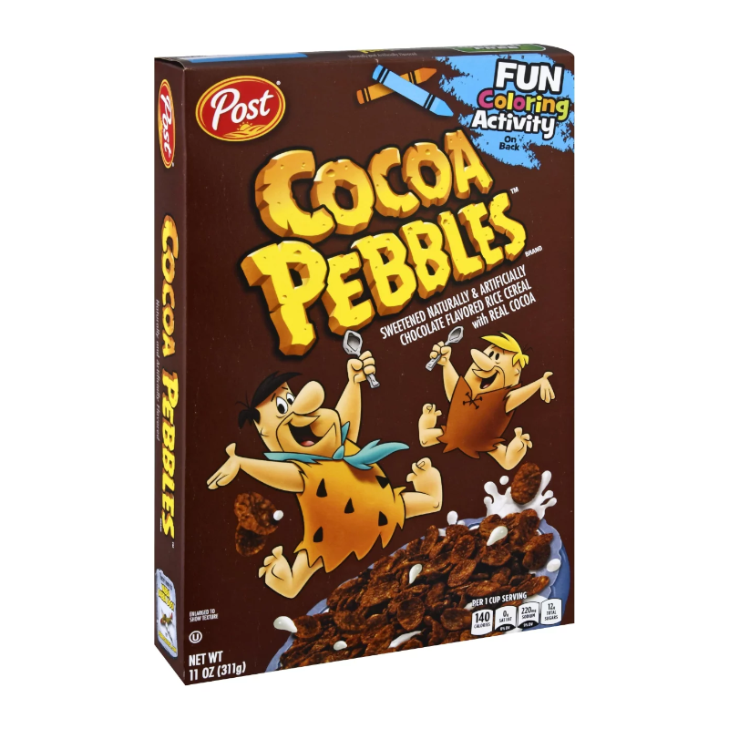 Front of Post Cocoa Pebbles Cereal box showing bold yellow logo, chocolate flavoured rice cereal, and characters with a bowl of cereal (311g pack)