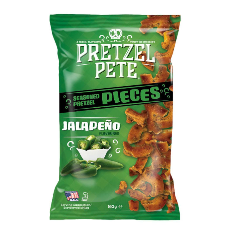 Front of Pretzel Pete Jalapeno Seasoned Pretzel Pieces bag showing jalapeno flavour, green design, and crunchy pretzel pieces (160g pack)