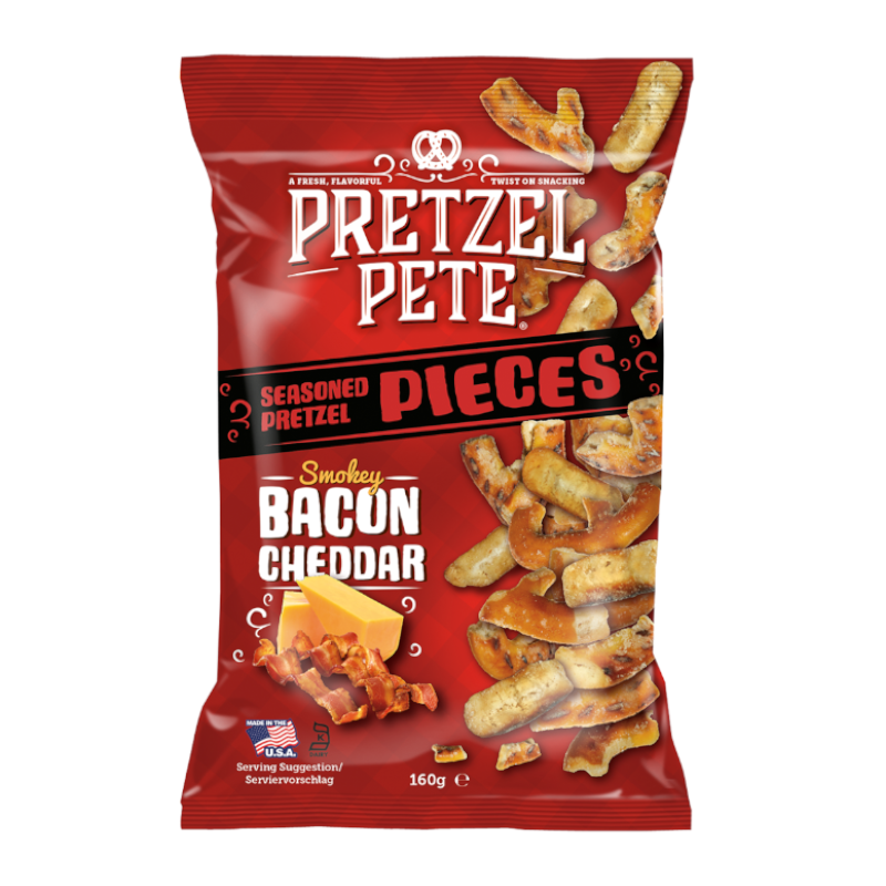 Front of Pretzel Pete Smoky Bacon Cheddar Seasoned Pretzel Pieces bag showing red packaging, logo, bacon and cheddar imagery, and 160g size
