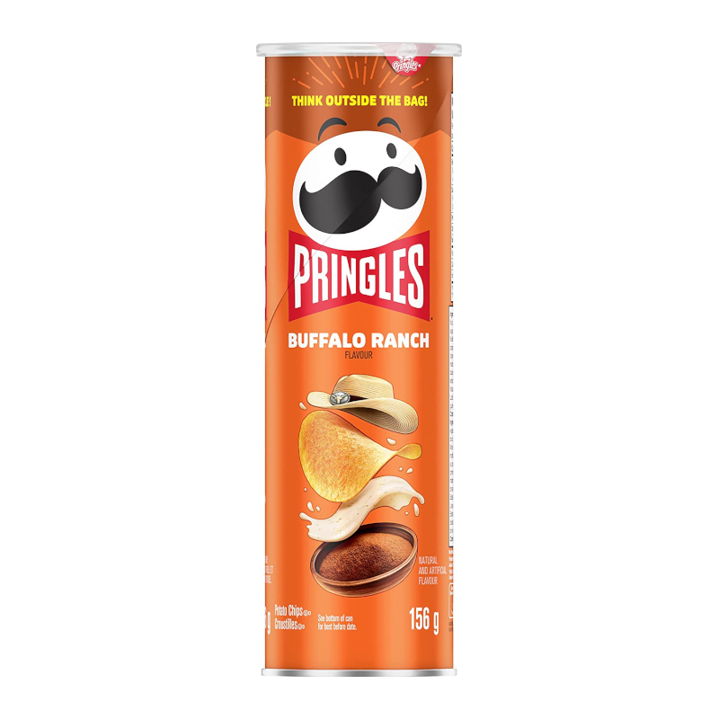Front of a tube of Pringles Buffalo Ranch showing the logo, buffalo ranch flavour text, and crisp illustrations (156g pack)