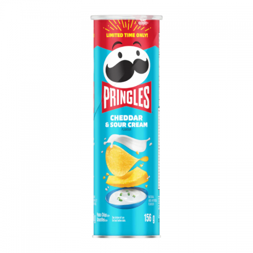 Front of Pringles Cheddar & Sour Cream canister showing the Pringles logo, cheddar and sour cream flavour, and 169g pack size.