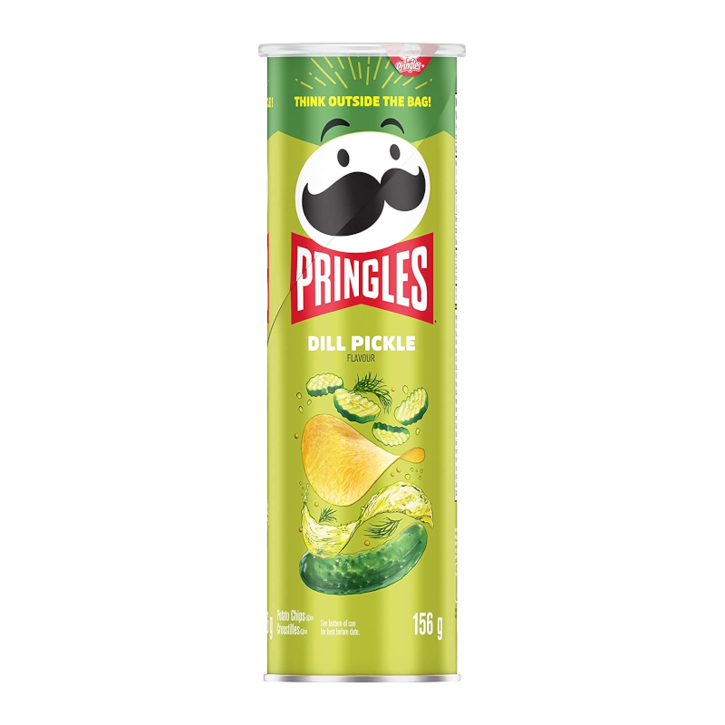Front of Pringles Dill Pickle can showing green design, logo, and images of dill pickle crisps (156g pack)