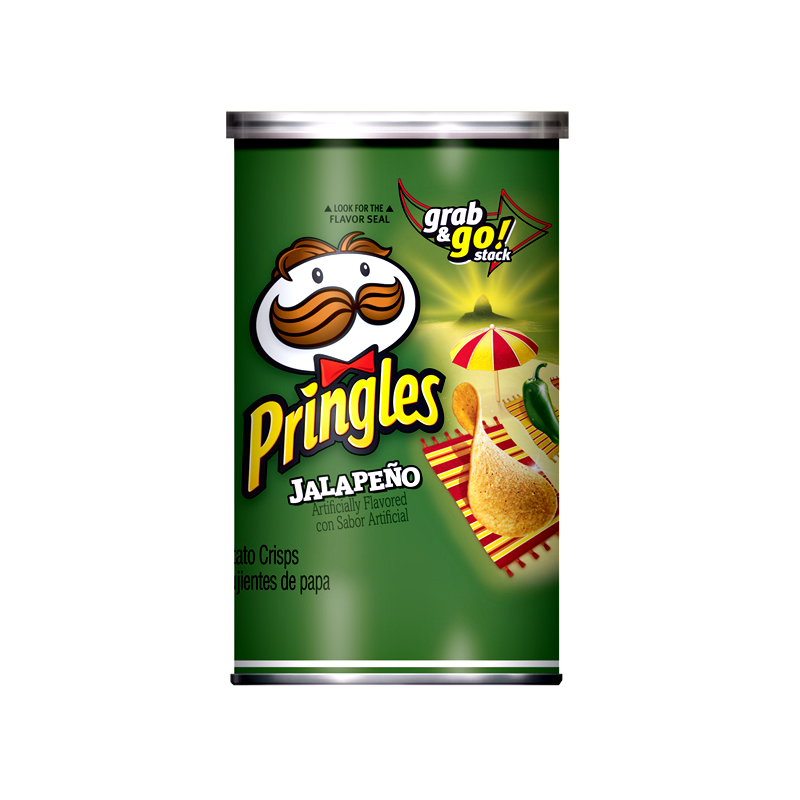 Front of Pringles Jalapeno can featuring green design, logo, and jalapeno imagery (70g pack)