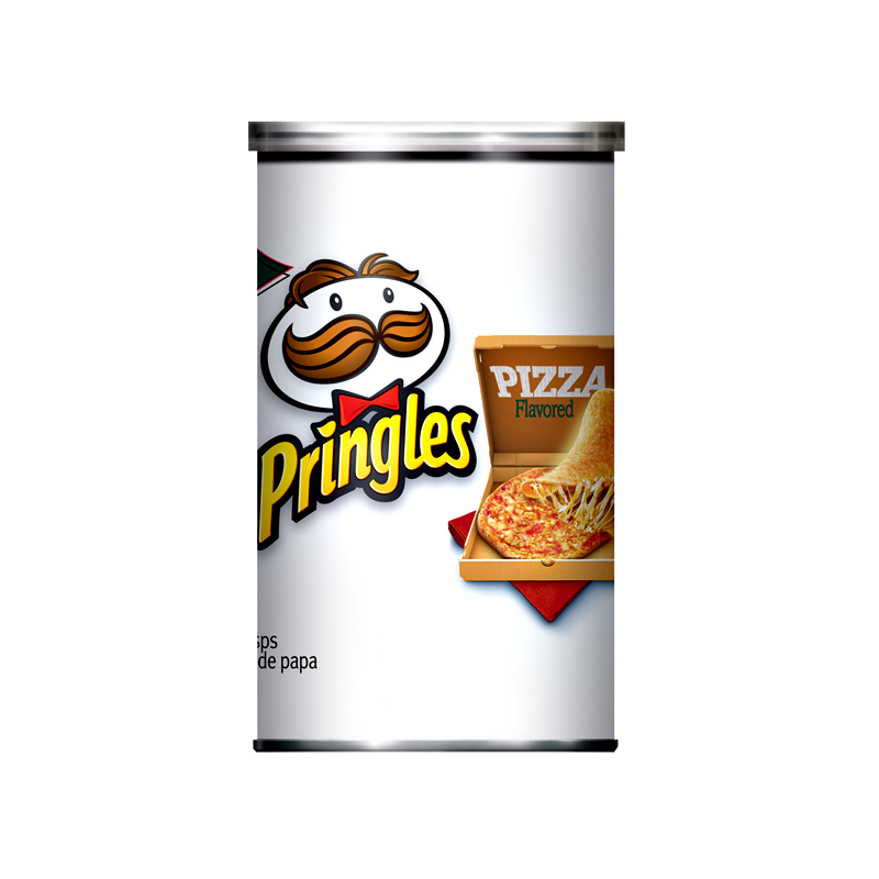 Front of Pringles Pizza can showing the logo, pizza flavour description, and image of cheesy pizza slice (70g pack)