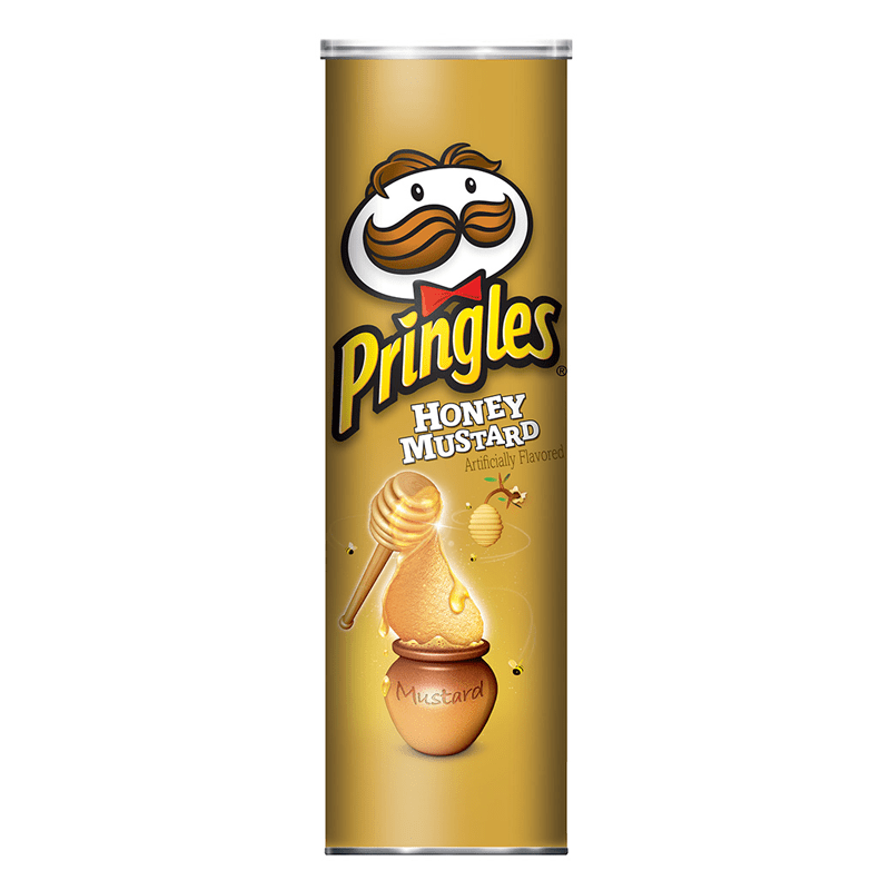 Front of Pringles Honey Mustard can featuring the logo, honey mustard imagery, and pack size (155g)