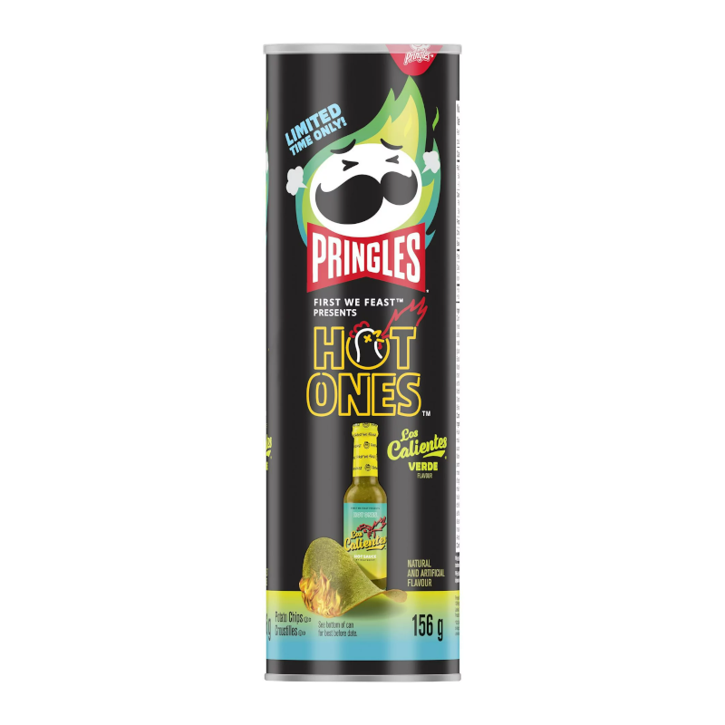 Front of Pringles Hot Ones Los Callentes tube showing bold logo, green packaging, and image of hot sauce bottle (156g pack)