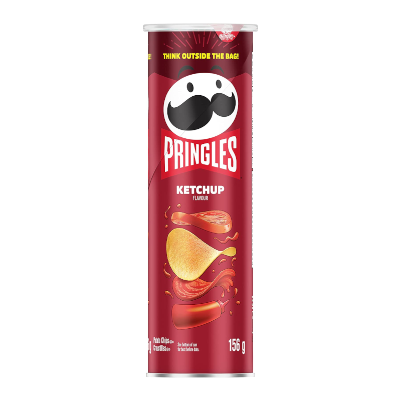 Front of Pringles Ketchup canister showing the Pringles logo, ketchup flavour label, and packaged crisps (156g pack)