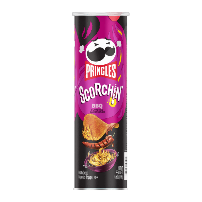 Front of Pringles Scorchin BBQ tube featuring bold logo, BBQ flavour illustration, and visuals of crispy snacks (156g pack)