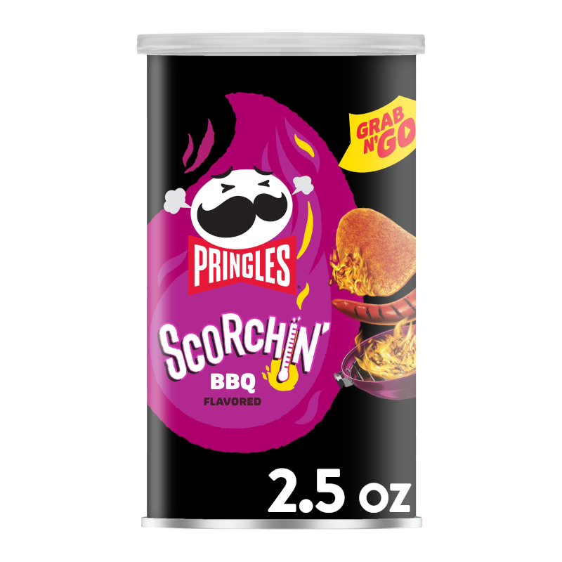 Front of Pringles Scorchin BBQ tube featuring the logo, bold BBQ flavour label, and vibrant graphics (71g pack)
