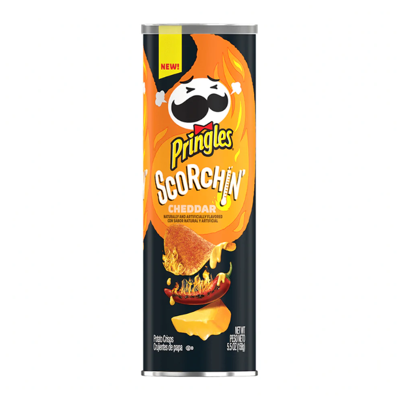Front of Pringles Scorchin Cheddar can displaying the bold orange packaging, brand logo, cheddar flavour, and 158g content details.