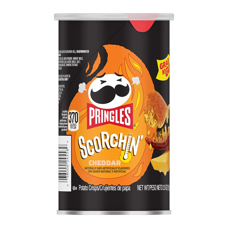 Front of Pringles Scorchin Cheddar can displaying the orange logo, image of fiery cheese crisps and black background (71g pack)