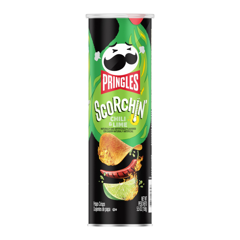 Front of Pringles Scorchin Chilli & Lime tube showing bold logo, chilli & lime flavour illustration, and crispy potato chip imagery (158g pack)