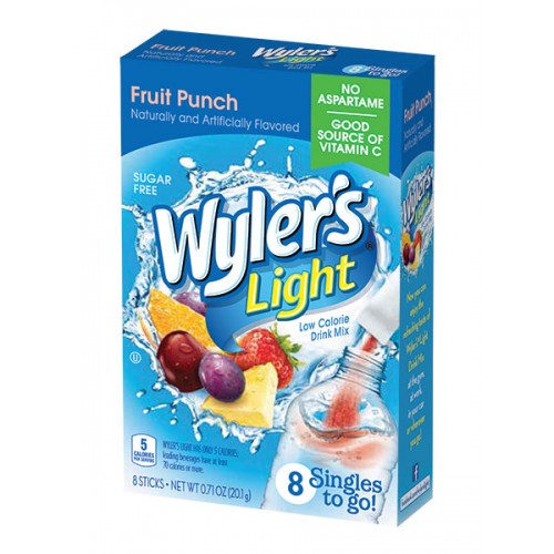 Front of Wyler's Fruit Punch Singles To Go box showing vibrant blue design, fruit images, and product title (20.1g)